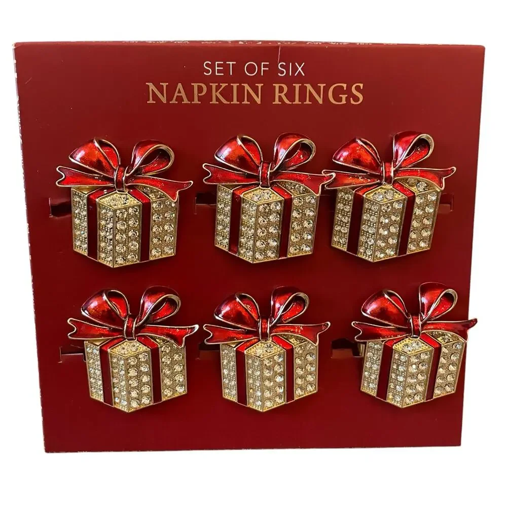 Envogue Rhinestone CHRISTMAS Present Napkin Rings Set of 6 Holiday Red Gold New